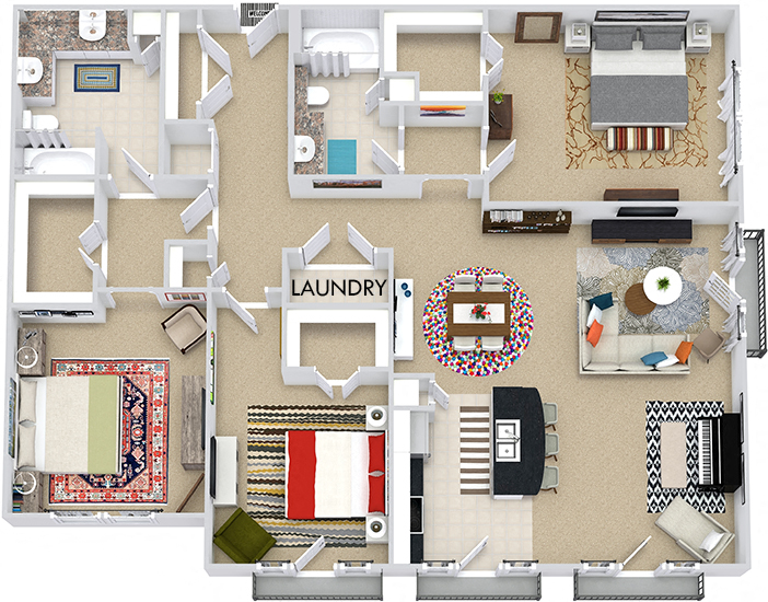 The Atlanta 3D. 3 bedroom apartment. Kitchen with bartop open to living/dining rooms. 2 full bathrooms, double vanity in master. Walk-in closets. Balconette.